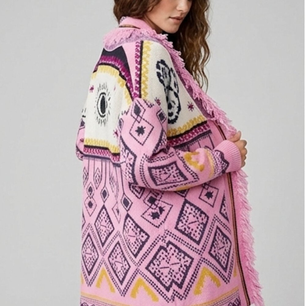 Pink Geometric Aztec Print Fringe Cardigan - Picture 5 of 15